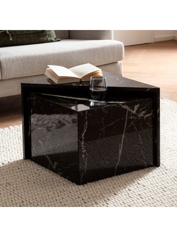 KADIMA DESIGN Couchtisch 2er Set MONOBLOC Hochglanz Sofatisch mit Marmor in Schwarz
