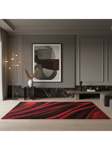 KADIMA DESIGN Teppich Kurzflor Waschbar Wellen ASPEN Strapazierfähig OEKO-TEX in Rot