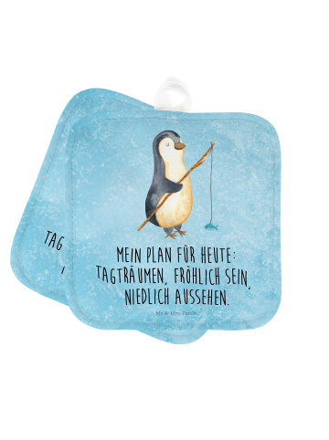 Mr. & Mrs. Panda 2er Set Topflappen Pinguin Angler mit Spruch in Eisblau