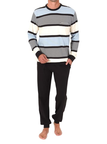 NORMANN Langarm Schlafanzug Pyjama Bündchen Streifen in blau1