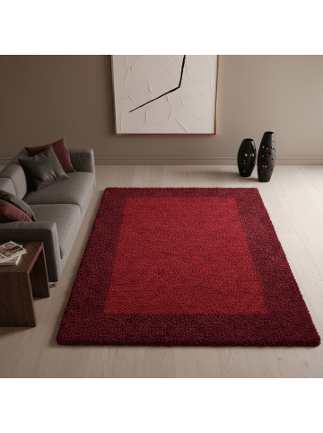 KADIMA DESIGN Teppich Hochflor Shaggy Waschbar Bordüre RHEIN Strapazierfähig in Rot