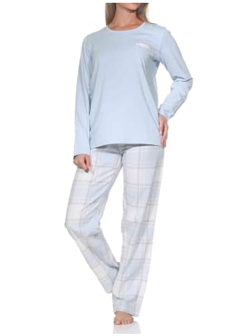 NORMANN Schlafanzug langarm karierte Flanell Schlafhose in hellblau