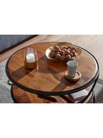 KADIMA DESIGN Sheesham-Massivholz Couchtisch, außergewöhnliches Design, 3 Ablagen