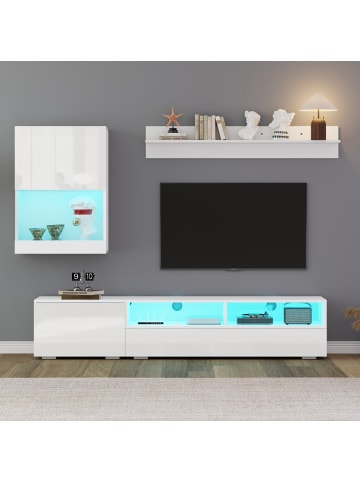 ABRIHOME TV Schrank mit Vitrine, Flexible Länge bis 265 cm in Weiß