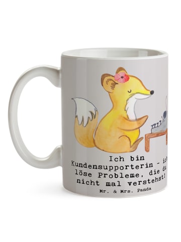 Mr. & Mrs. Panda Trinkbecher Kundensupporterin Heldin mit Spruch in Grau Pastell