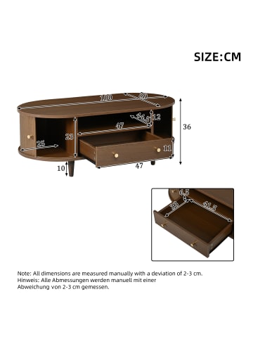 ABRIHOME Couchtisch in Walnuss mit Schublade Rolltür offenem Fach 100x50x36 cm