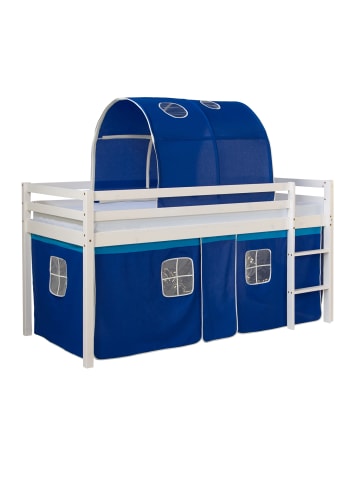 Homestyle4u Hochbett 90x200 mit Vorhang, Lattenrost, Matratze, Tunnel in Weiß
