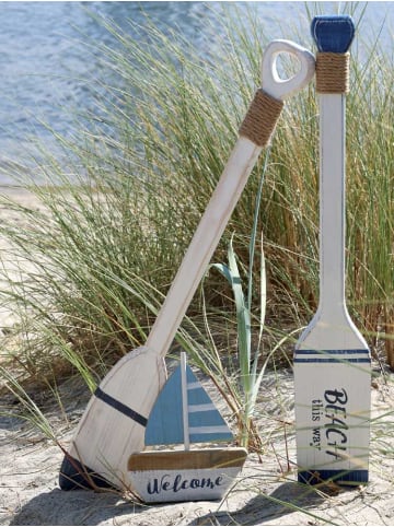 Chic Antique Deko Paddel BEACH THIS WAY Holz Weiß Blau 72x11 cm