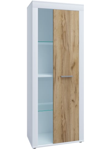 VCM Schrank Vitrine Wohnzimmer Holz Glas Usilo in Weiß / Honig-Eiche