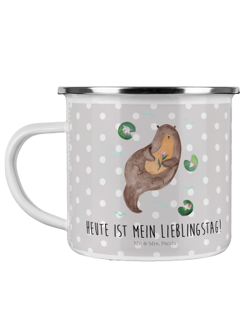 Mr. & Mrs. Panda Emaille Becher Otter Seerose mit Spruch in Grau Pastell