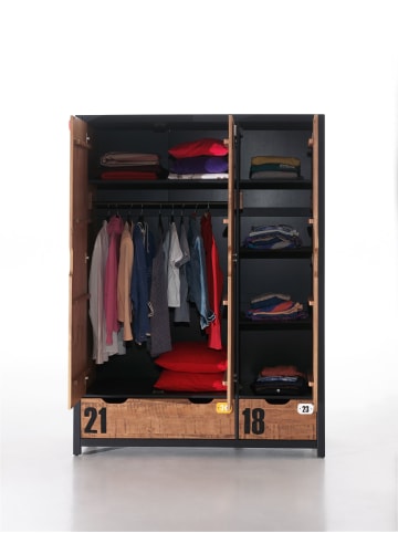 58 aufm Kessel KINDERZIMMERSCHRANK Kameko 148x55x200 MDF+Massivholz Schwarz/Cognac