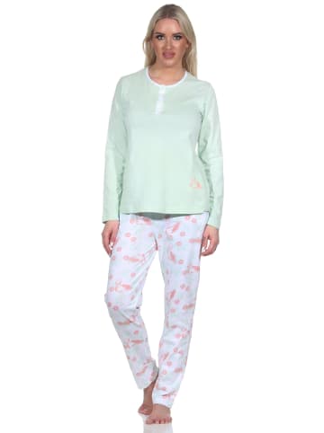 NORMANN Schlafanzug Langarm Pyjama Flamingo und Knopfleiste am Hals - 78548 in grün