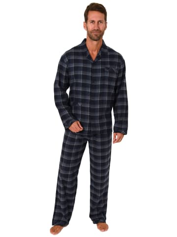 NORMANN Flanell Pyjama Schlafanzug langarm zum durchknöpfen - 50059 in marine