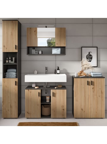 Inn.Furn Badmöbel-Set Eiche Artisan, grau 4-teilig 200 cm, Badkombination viel Stauraum