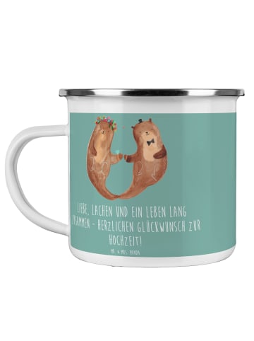 Mr. & Mrs. Panda Emaille Tasse Hochzeit Liebe Lachen mit Spruch in Meeresbrise