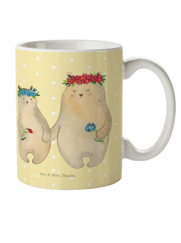 Mr. & Mrs. Panda Camping Tasse Bären mit Blumenkranz ohne Spruch in Gelb Pastell