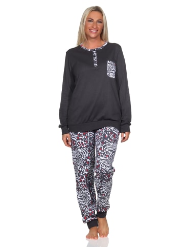 NORMANN Kuschel interlock Schlafanzug langarm Bündchen Animalprint - 81917 in anthrazit