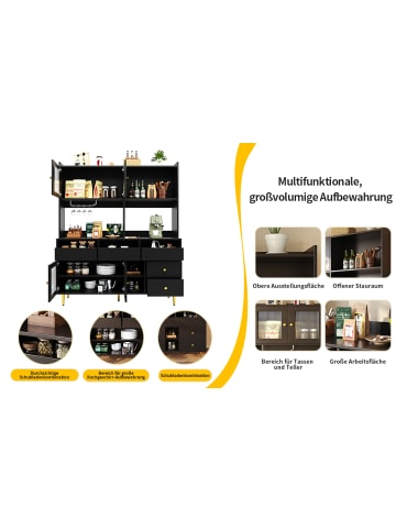 ABRIHOME Hochschrank in Schwarz mit Golddekor und Lochglastüren 145x39x171 cm