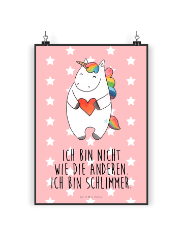 Mr. & Mrs. Panda Poster Einhorn Herz mit Spruch in Rot Pastell