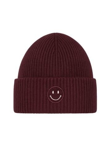 Faera Strickmütze mit Smiley und feinem Rippenstrick in Bordeaux