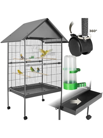 tectake Vogelhaus mit feststellbaren Rollen, 4 Sitzstangen, 85 x 60 x 168 cm