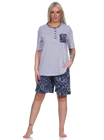 NORMANN Pyjama Shorty - kurzarm Oberteil gestreift Hose Blümchenmuster - 72946 in weiss
