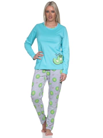 NORMANN Schlafanzug langarm Pyjama Pyjamahose Kiwi print - 86371 in türkis