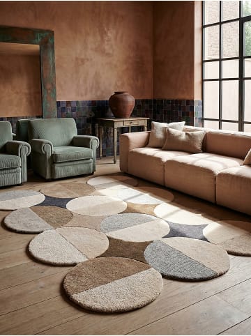 KADIMA DESIGN Wollteppich Kreis Wellenform, Wohnzimmer in Beige-Braun