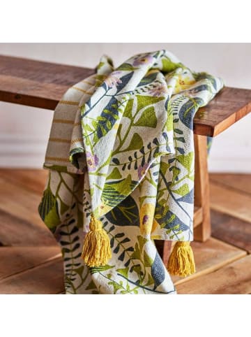 Bloomingville Decke CAMELIE Blätter und Blumen Gelbe Quasten 160x130 cm