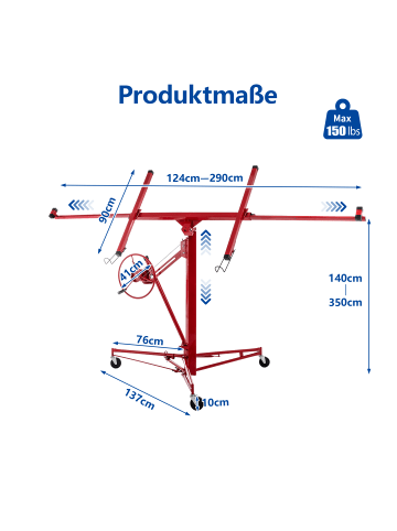 ABRIHOME Plattenheber in Rot faltbar 140-350 cm 68 kg mit 3 Rädern für Trockenbau