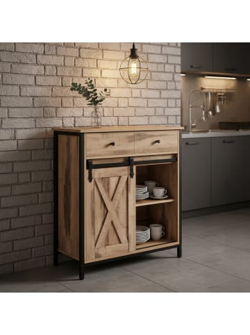 relaxdays Sideboard in Natur/ Schwarz - (B)70 x (H)80 x (T)30 cm