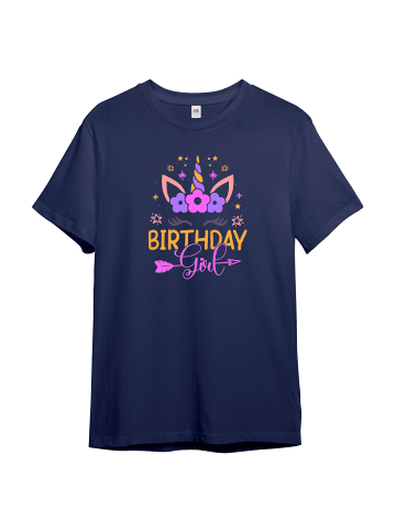 PAULGOS Kinder T-Shirt, Einhorn Birthday Girl in Navi-Blau