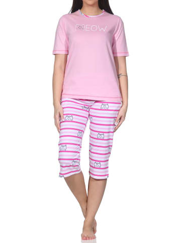 NORMANN Kurzarm Capri Schlafanzug Pyjama Katzen Optik Übergrößen in rosa