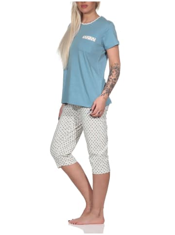 NORMANN Schlafanzug kurzarm Pyjama Caprihose Tupfen Punkte Optik - 86421 in blau