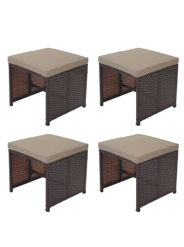 MCW 4er-Set Poly-Rattan Hocker Korfu, Braun, Kissen beige