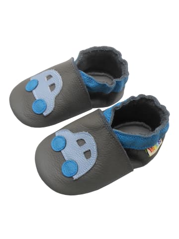 Yalion Graue Leder-Baby-Lauflernschuhe mit rutschfester Sohle – Blaue Auto-Muster