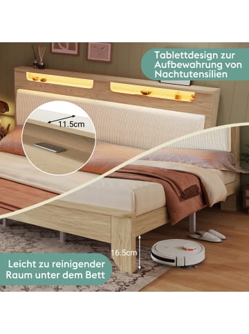 ABRIHOME Doppelbett Holzbett 140×200cm Kopfteil mit Stauraum und LED, helle Eiche