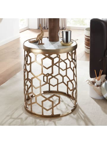 KADIMA DESIGN Beistelltisch "Alba": Marmorstruktur, goldfarbenes Metallgestell, 44 cm