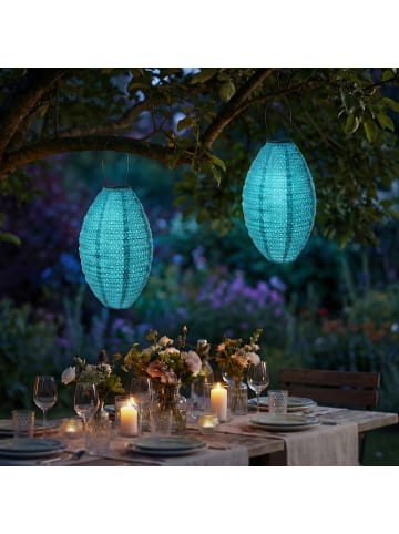 MARELIDA 2x LED Solar Lampion oval mit Blumenmuster H: 38cm in blau