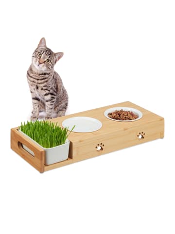 relaxdays Katzen Futterstation in Natur/ Weiß - (B)44 x (H)6,5 x (T)18 cm