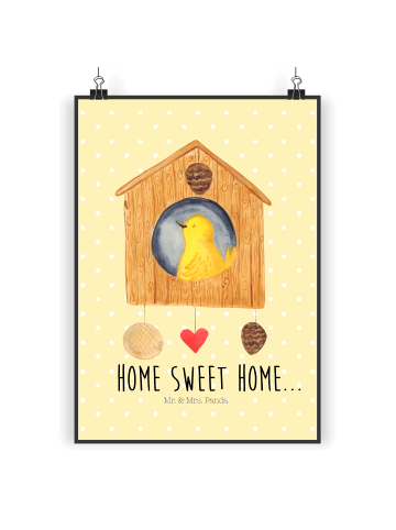 Mr. & Mrs. Panda Poster Vogelhaus Home mit Spruch in Gelb Pastell