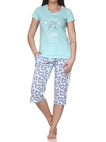 NORMANN Kurzarm Pyjama Capri Schlafanzug Hose Animalprint Übergrößen in türkis