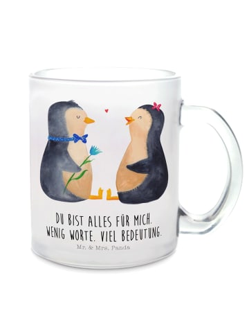 Mr. & Mrs. Panda Teetasse aus Glas Pinguin Pärchen mit Spruch in Transparent