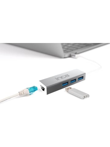 Inca INCA USB-Hub X4 USB 3.0 + Ethernet RJ45 USB-Multiport USB-Adapter in Silber