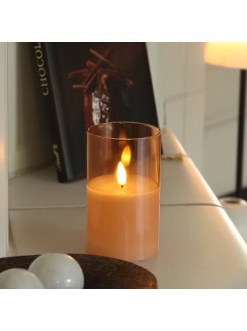 MARELIDA LED Kerze im Glas Windlicht flackernd D: 7,5cm H: 12,5cm in orange