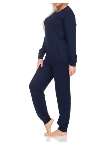 NORMANN Langarm Schlafanzug Pyjama Bündchen Tupfen Optik in marine