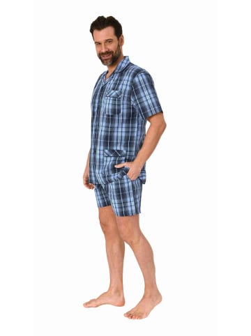 NORMANN kurzarm Schlafanzug Shorty Pyjama gewebt zum Knöpfen - 80172 in blau