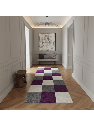KADIMA DESIGN Teppich Hochflor Shaggy Waschbar Karo RHEIN Strapazierfähig in Violett