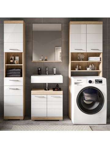 Inn.Furn Badmöbel-Set weiß Hochglanz, Eiche 4-teilig 190 cm, Komplettset viel Stauraum