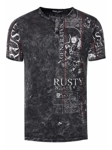 Rusty Neal Henley T-Shirt mit Knopfleiste und Seitlichen Front Prints in Anthrazit